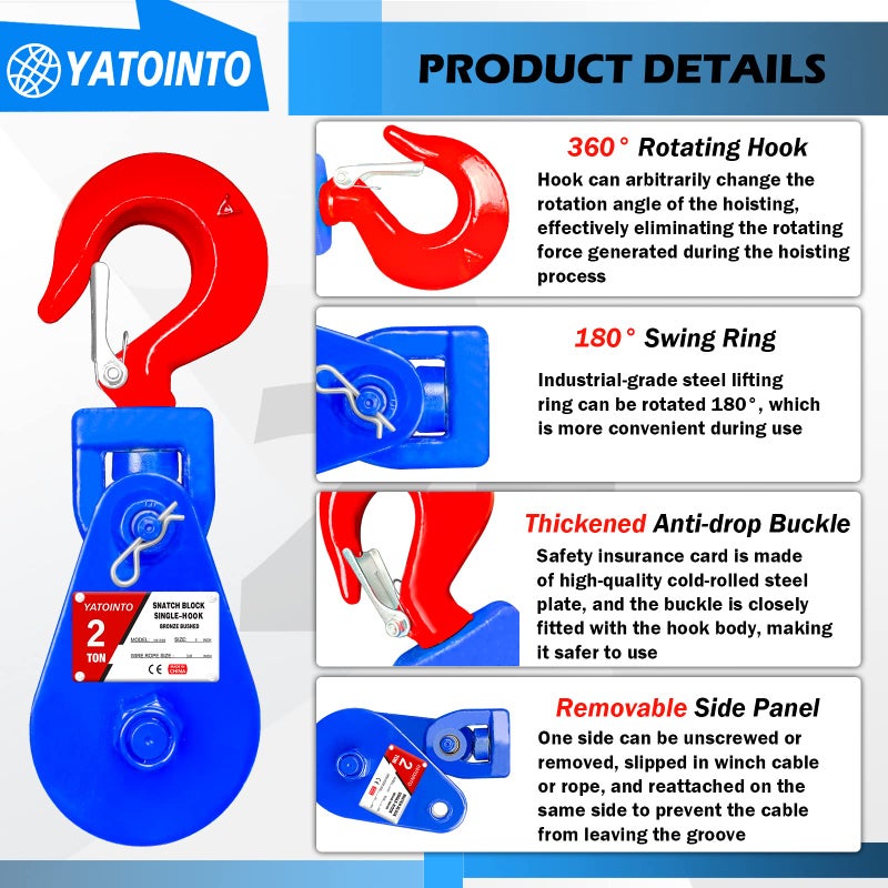 YATOINTO 2 ton Snatch Block with Hook, 3"" Sheave 3/8"" Inch Wire Rope Snatch Block, 4400lbs Snatch Pulley for Rollback Wrecker Car Hauler Winch - Image 2